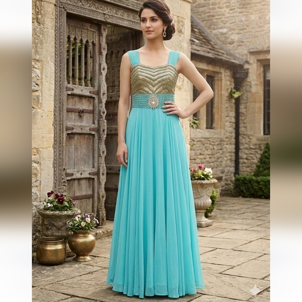 Women's Indian Aqua Emerald Cinderella Dress with Tulle & Crystals - size Small